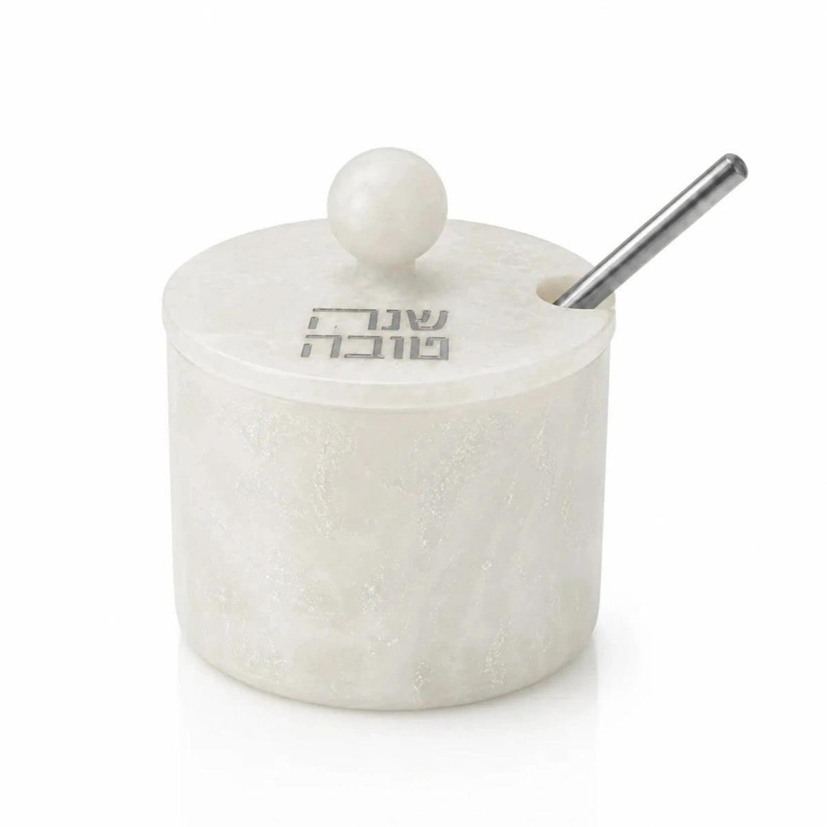 Classic Round Resin Marble Honey Dish and Spoon with Silver Letters by Waterdale Collection