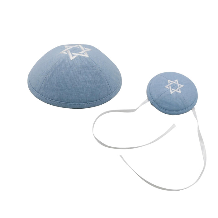 Bris Magen David Father and Son Kippot Set in Blue/White Linen by Kippot KW