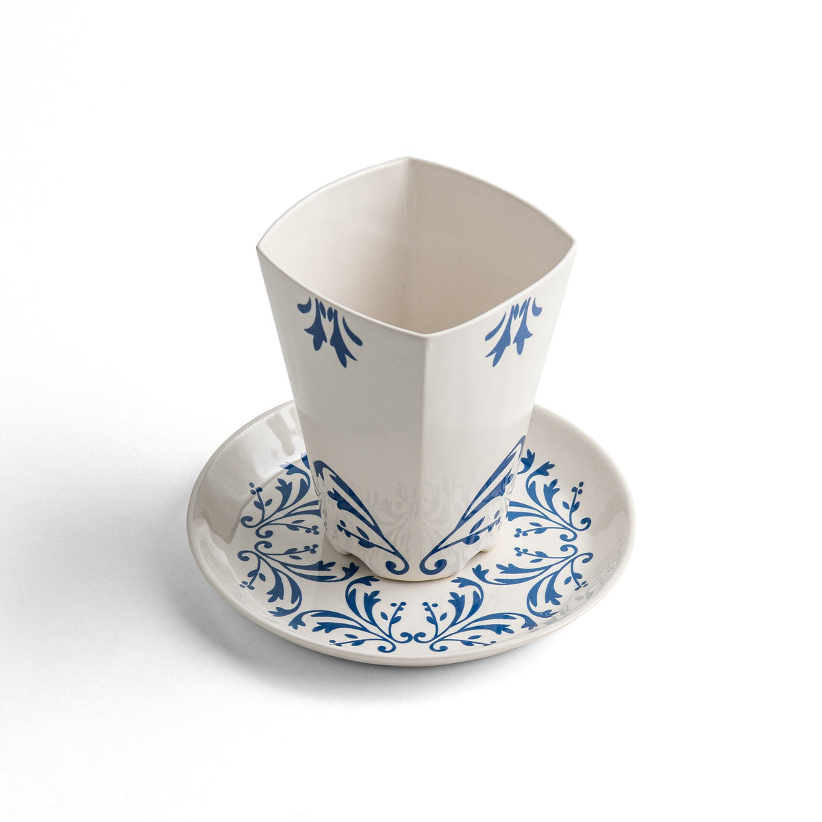 Handmade Square Ceramic Kiddush Cup in Cream with Silver by The Israel Museum