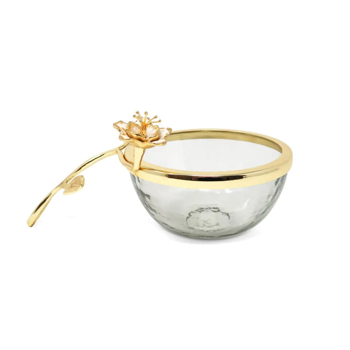 Glass Honey Dish with Gold Enamel Flower Design