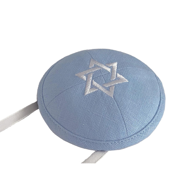 Bris Magen David Father and Son Kippot Set in Blue/White Linen by Kippot KW