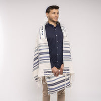 Silk/Cotton Hand Woven Blue and White Medium Tallit with Atara with Hebrew Blessing and Matching Bag/Kippah by Yair Emanuel