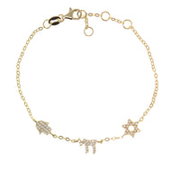 Multi Charm Star, Chai and Hamsa Bracelet in Gold with Cubic Zirconia Stones by Penny Levi