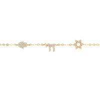 Multi Charm Star, Chai and Hamsa Bracelet in Gold with Cubic Zirconia Stones by Penny Levi