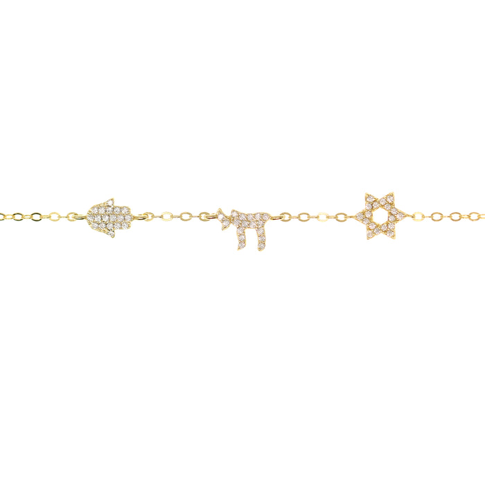 Multi Charm Star, Chai and Hamsa Bracelet in Gold with Cubic Zirconia Stones by Penny Levi
