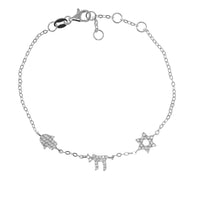Multi Charm Star, Chai and Hamsa Bracelet in Silver with Cubic Zirconia Stones by Penny Levi