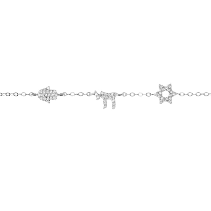 Multi Charm Star, Chai and Hamsa Bracelet in Silver with Cubic Zirconia Stones by Penny Levi