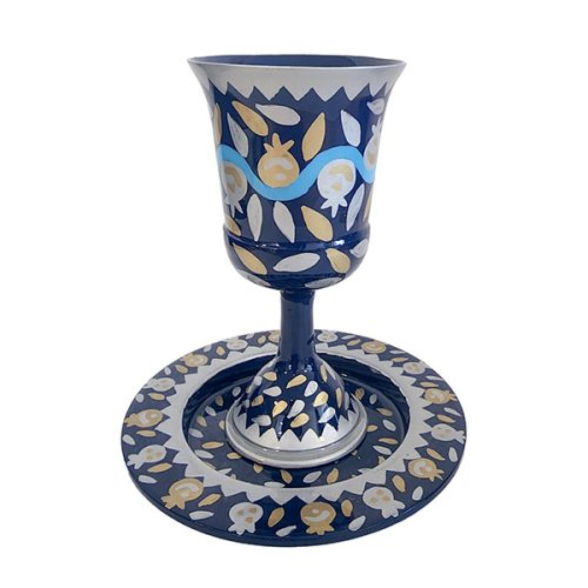 Pomegranate Kiddush Cup and Plate in Blues by Yair Emanuel