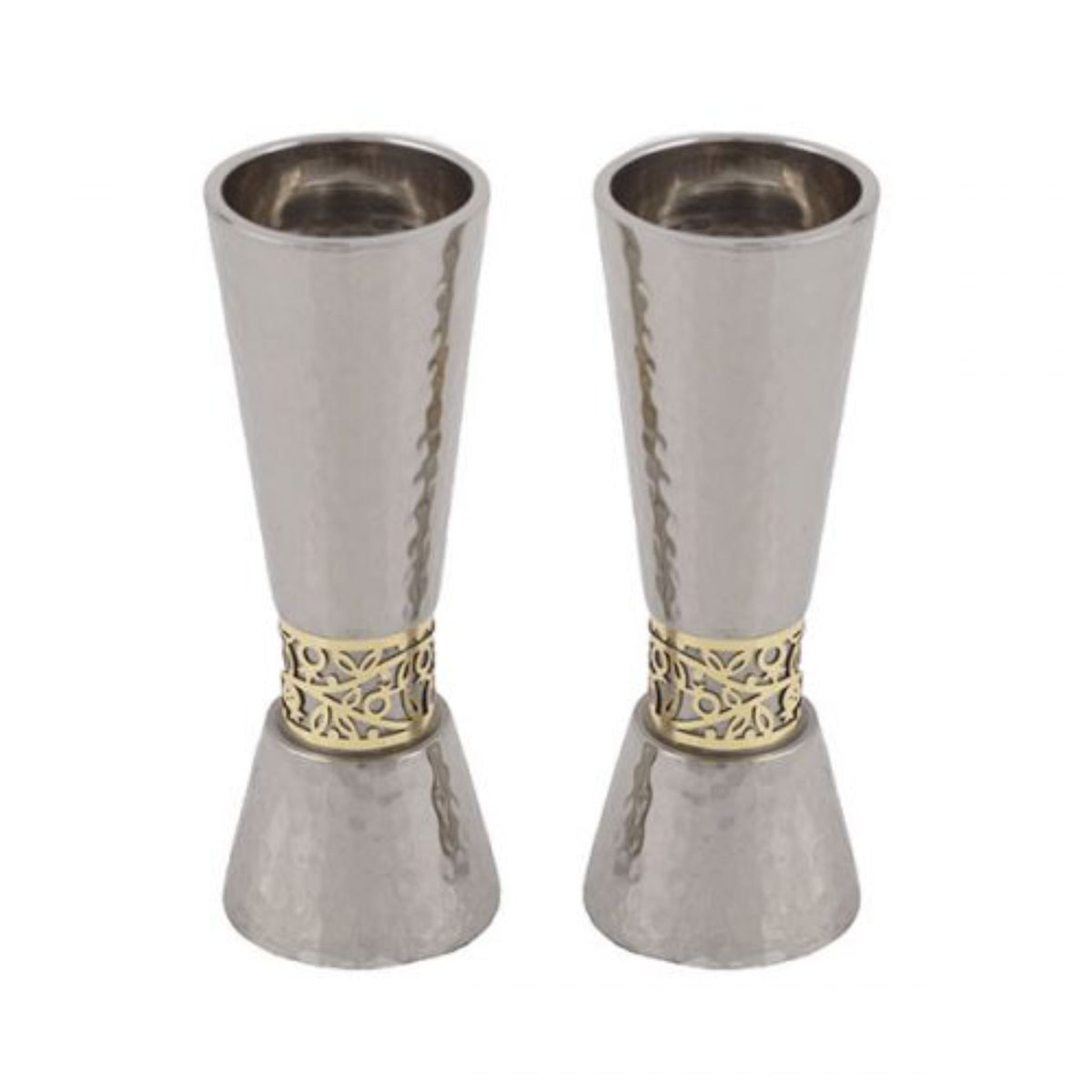 Hammered Large Shabbat Candlesticks with Gold Pomegranate detail by Yair Emanuel