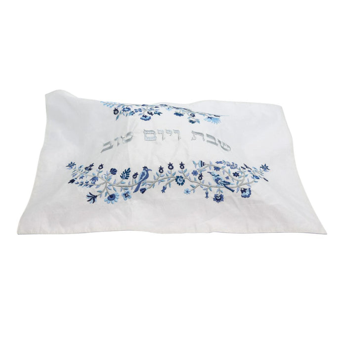 Birds, Flowers and Pomegranates Embroidered Challah Cover in Blue by Yair Emanuel