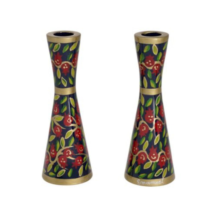 Hand Painted Pomegranates Mutli Coloured Shabbat Small Candlesticks  by Yair Emanuel