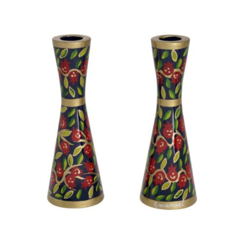 Hand Painted Pomegranates Mutli Coloured Shabbat Small Candlesticks  by Yair Emanuel
