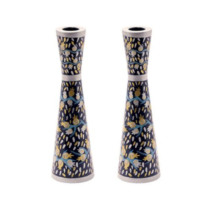 Hand Painted Pomegranates in Blues Shabbat Candlestick by Yair Emanuel