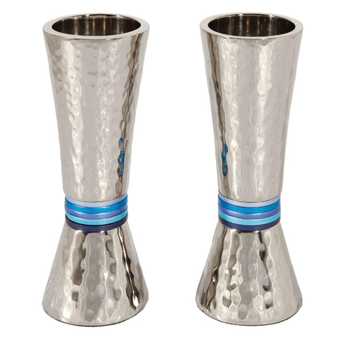 Hammered Shabbat Candlesticks with Blue Rings by Yair Emanuel