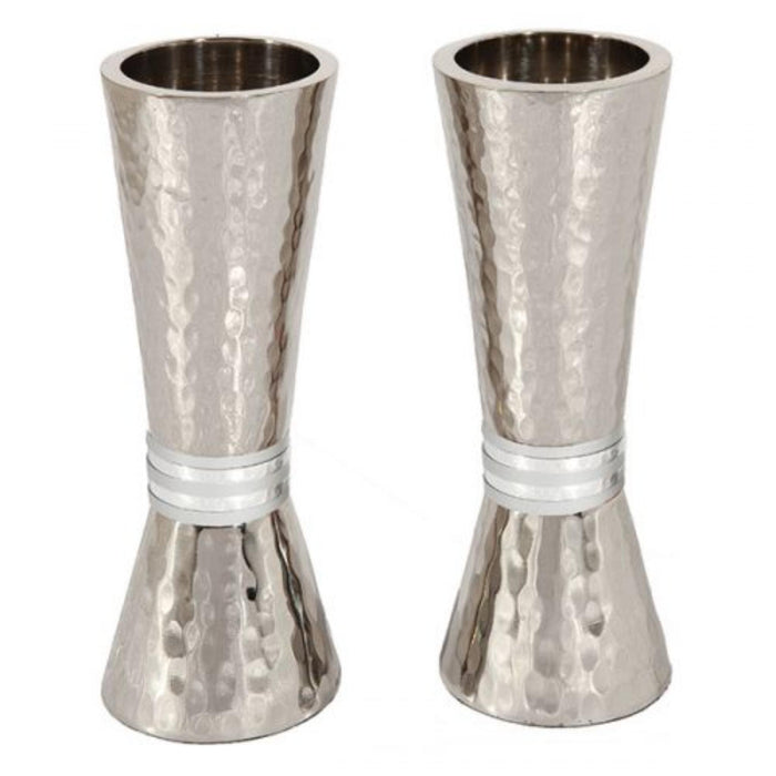 Hammered Shabbat Candlesticks with Silver Rings by Yair Emanuel