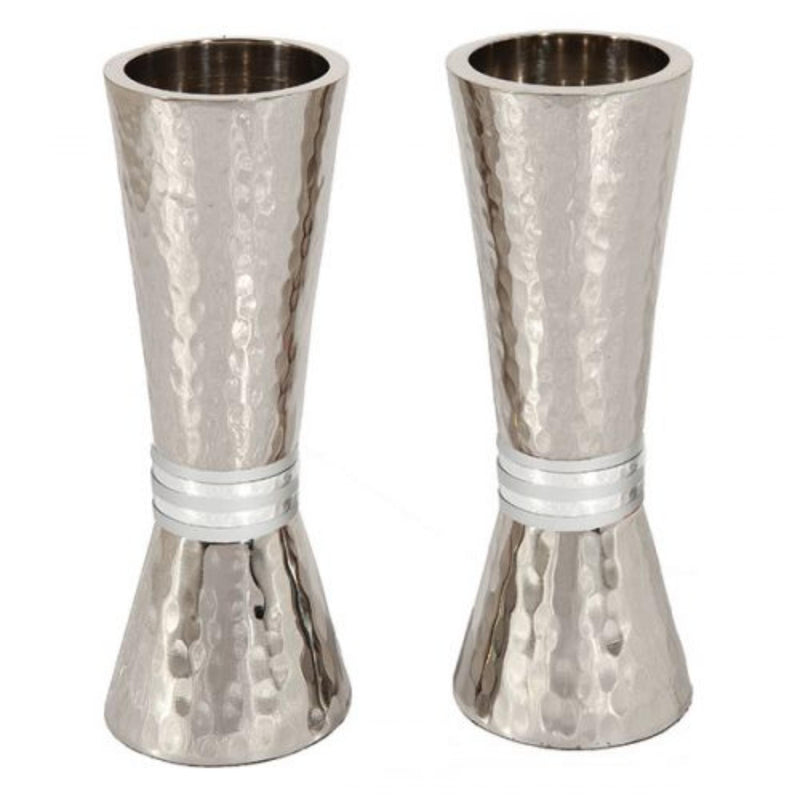Hammered Shabbat Candlesticks with Silver Rings by Yair Emanuel