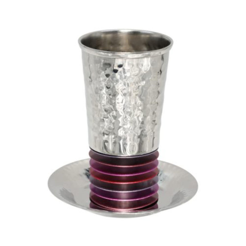 Kiddush Cup and Matching Plate with Maroon Discs by Yair Emanuel