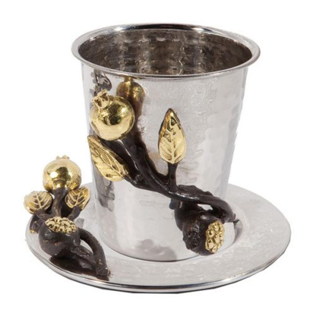 Hammered Pomegranates Brass Kiddush Cup and Plate by Yair Emanuel