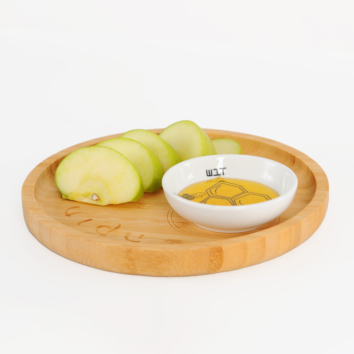 'Bee' Bamboo and Ceramic Apple and Honey Dish Set For Rosh Hashanah with Black illustrations by Mickala Design