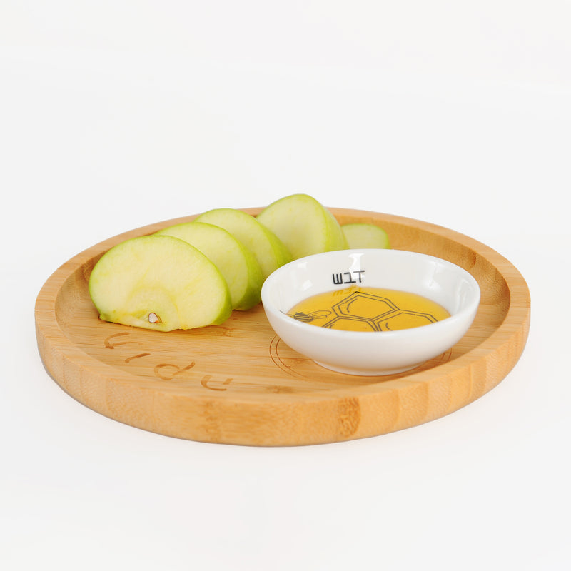 'Bee' Bamboo and Ceramic Apple and Honey Dish Set For Rosh Hashanah with Black illustrations by Mickala Design