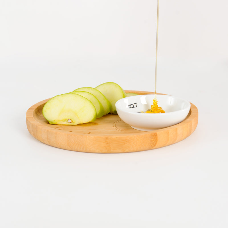 'Bee' Bamboo and Ceramic Apple and Honey Dish Set For Rosh Hashanah with Black illustrations by Mickala Design