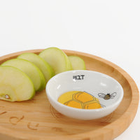 'Bee' Bamboo and Ceramic Apple and Honey Dish Set For Rosh Hashanah with Black illustrations by Mickala Design