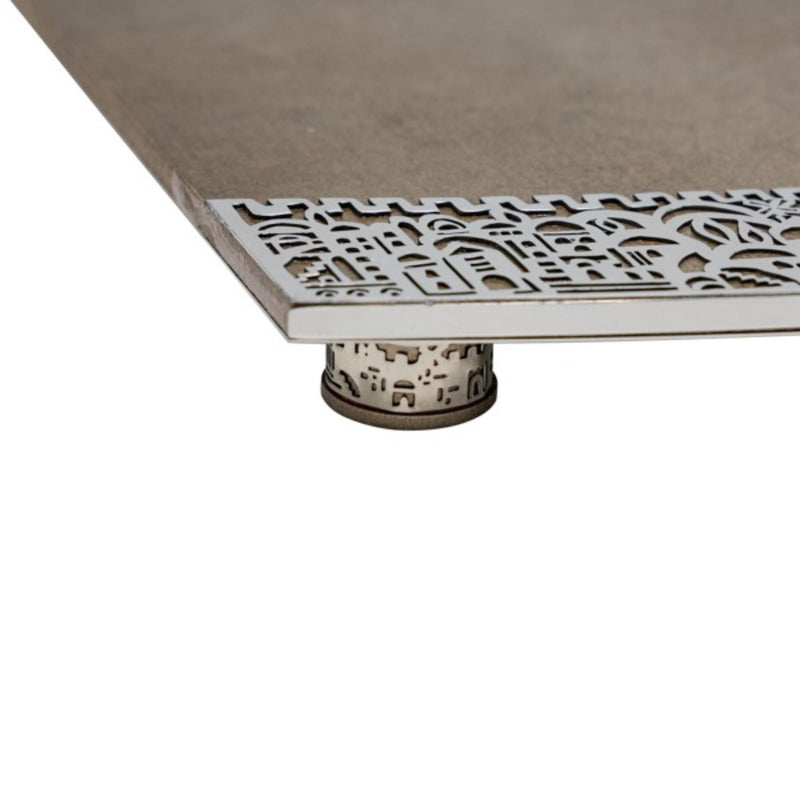 Challah Board in Antique Green Porcelain with Metal Cutout Jeruslalem design by Yair Emanuel