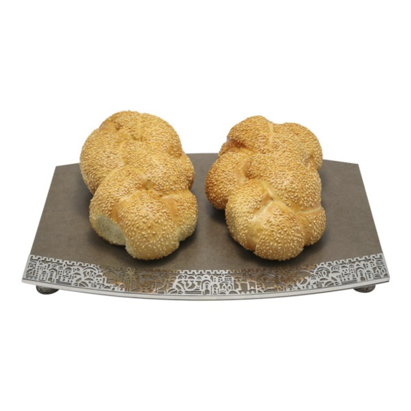 Challah Board in Antique Green Porcelain with Metal Cutout Jeruslalem design by Yair Emanuel