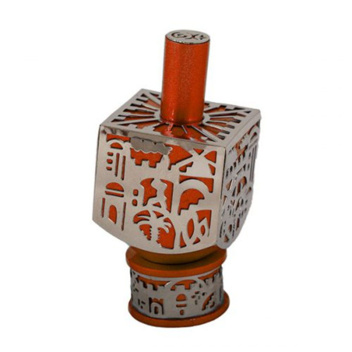 Large Orange Dreidel with Jerusalem Metal Cut Out by Yair Emanuel