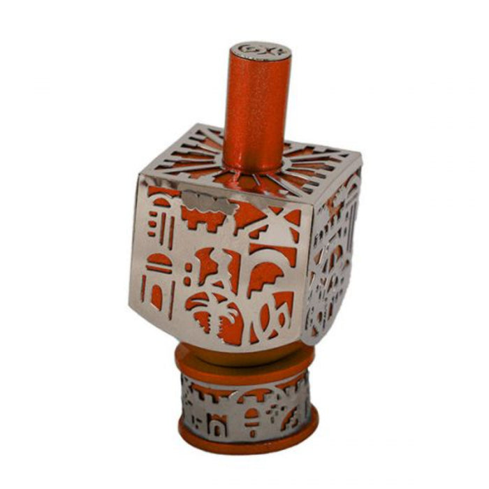 Large Orange Dreidel with Jerusalem Metal Cut Out by Yair Emanuel