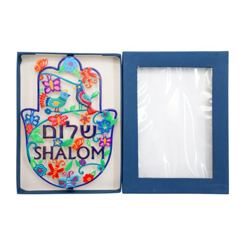 Birds and Shalom in Hebrew and English Hamsa and Wall Hanging by Yair Emanuel