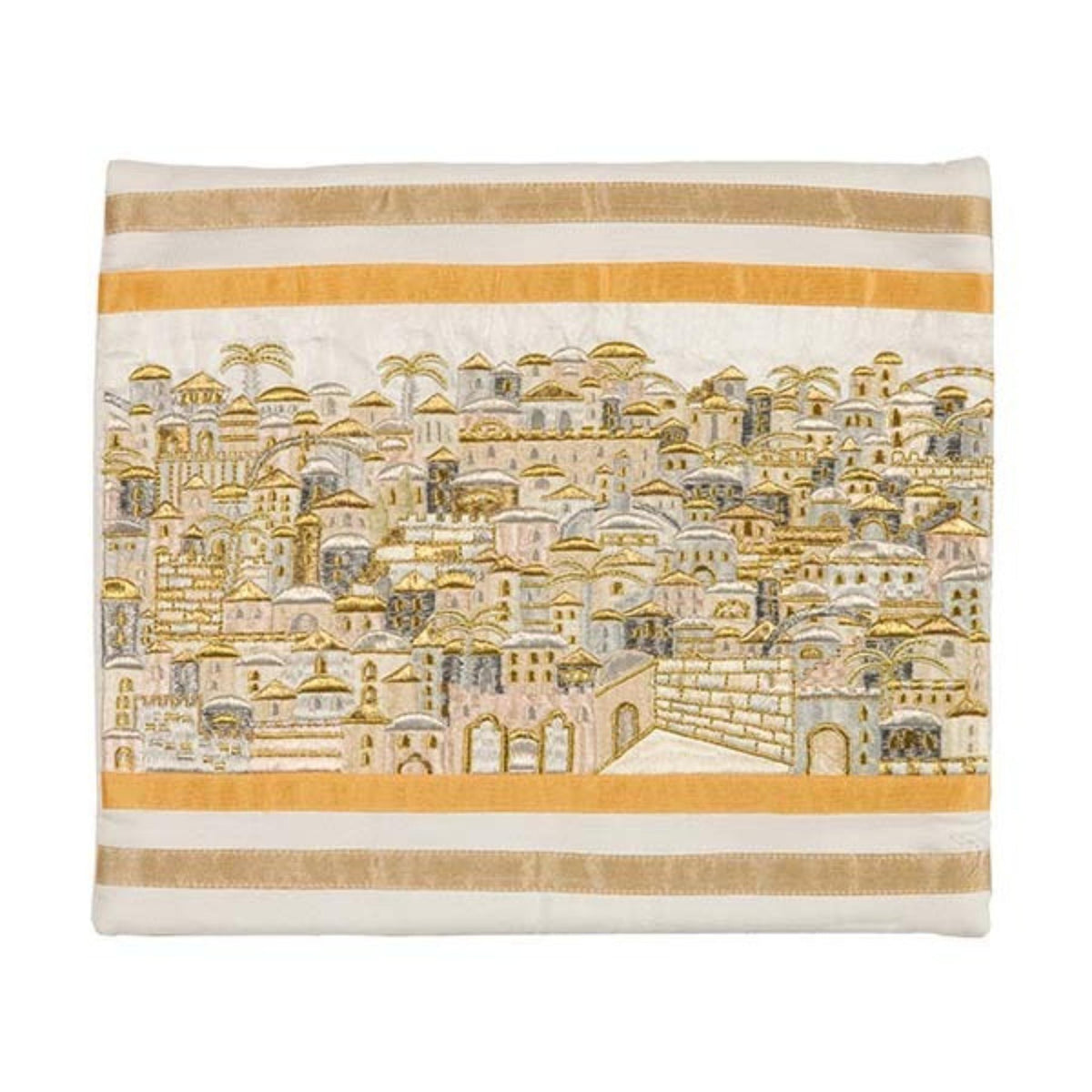 Walls Of Jerusalem in Gold and Silver Talit Large with Matching Bag/Kippah Yair Emanuel