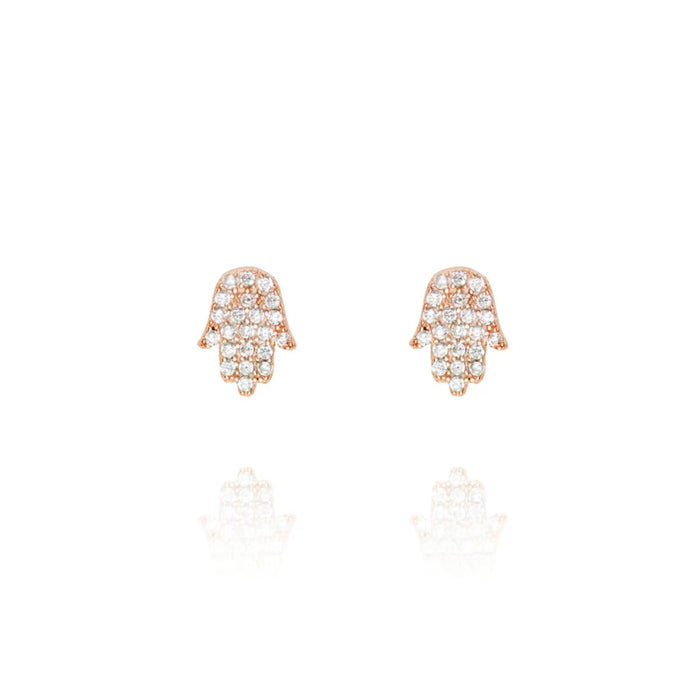 Hamsa Earrings in Rose Gold with Cubic Zirconia Stones by Penny Levi
