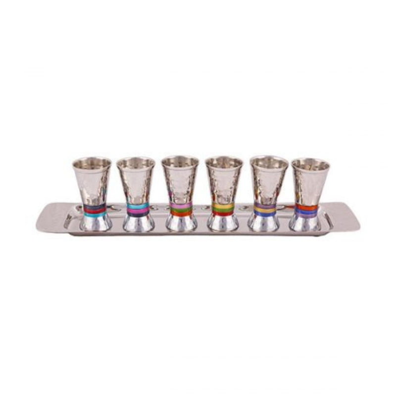 Hammered Kiddush Small Cup with Multi Coloured Rings Set of 6 by Yair Emanuel