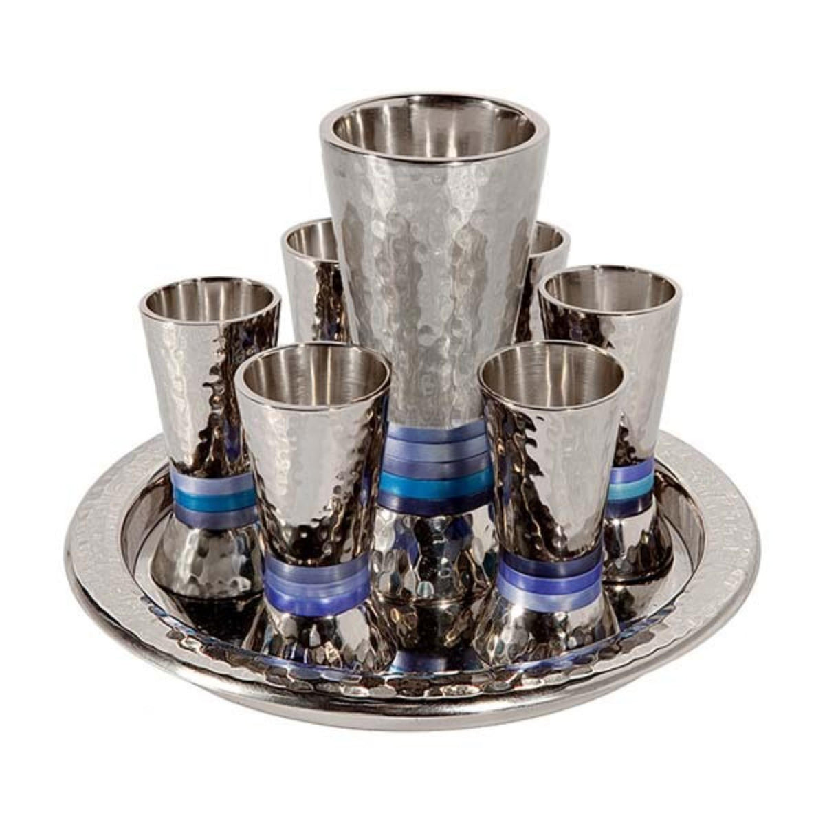 Hammered Kiddush Cup Set of 6 with Blue Rings by Yair Emanuel