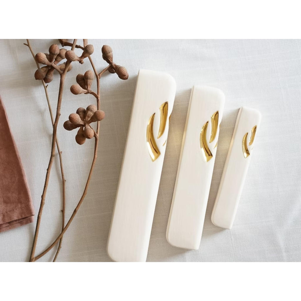 Ceramic White Mezuzah with Gold Shin by Yahalomis