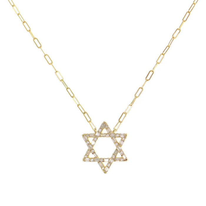 Star of David Pendant Necklace with Paper Clip Chain in Gold CZ Stones by Penny Levi
