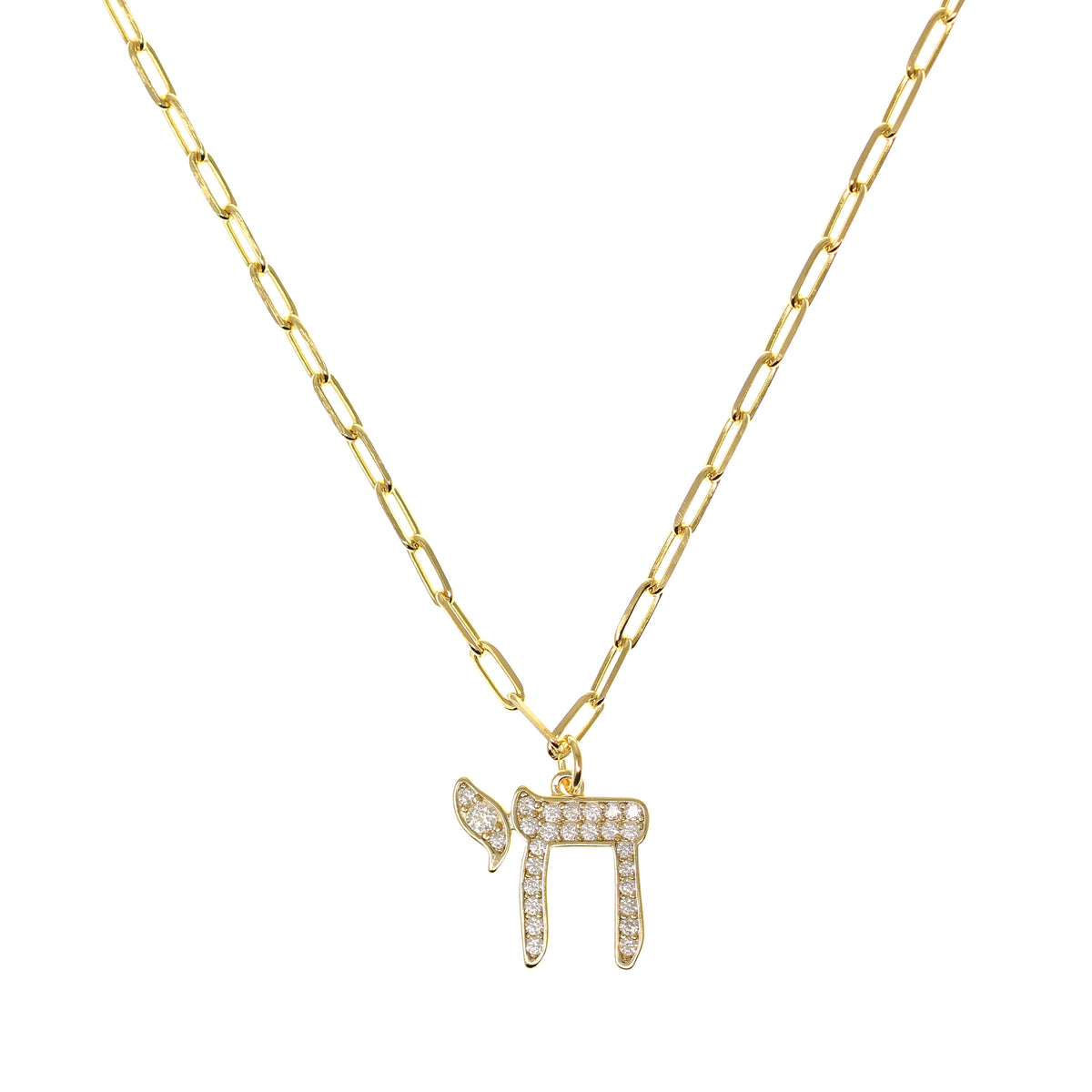 Chai 'Life' Necklace in Gold and CZ with Paper Clip Chain by Penny Levi