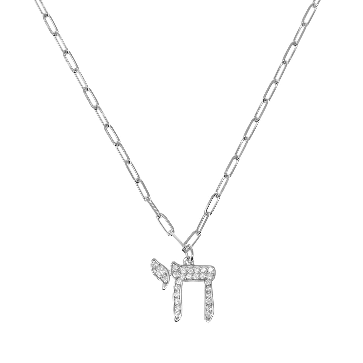 Chai 'Life' Necklace in Silver and CZ with Paper Clip Chain by Penny Levi