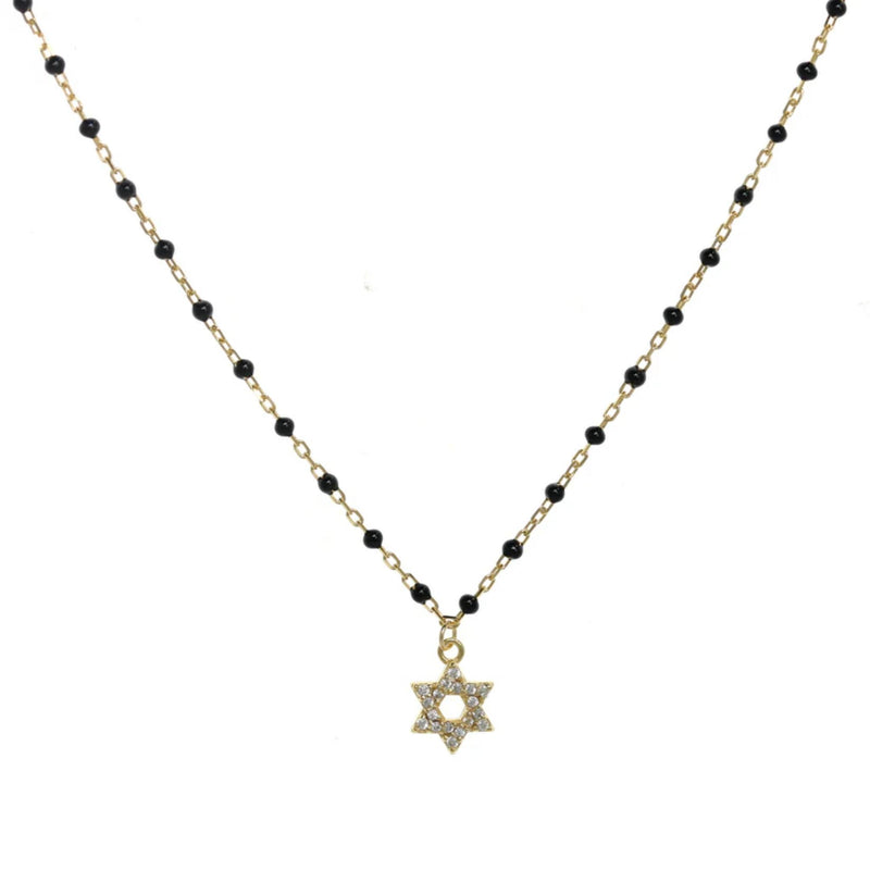 Star of David Pendant Necklace in Black Beads and Gold with CZ Stones by Penny Levi