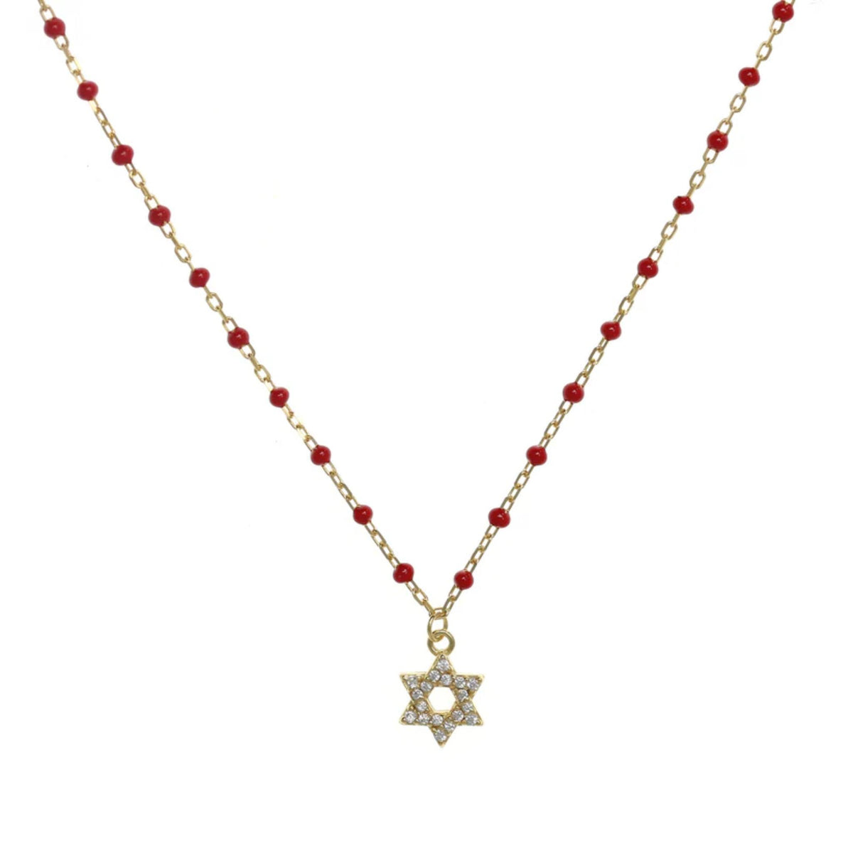 Star of David Pendant Necklace in Red Beads and Gold with CZ Stones by Penny Levi