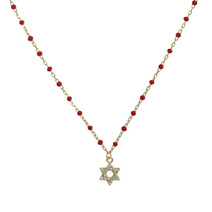 Star of David Pendant Necklace in Red Beads and Gold with CZ Stones by Penny Levi