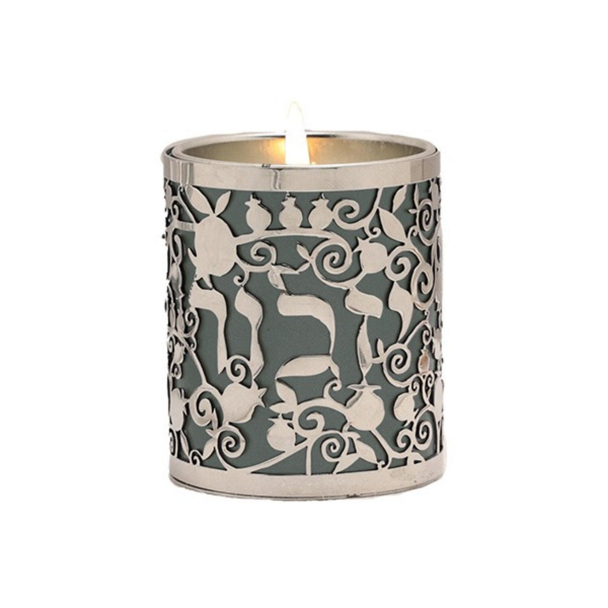 Yahrzeit Memorial Candle Holder "Yizkor" Grey Pomegranates by Yair Emanuel