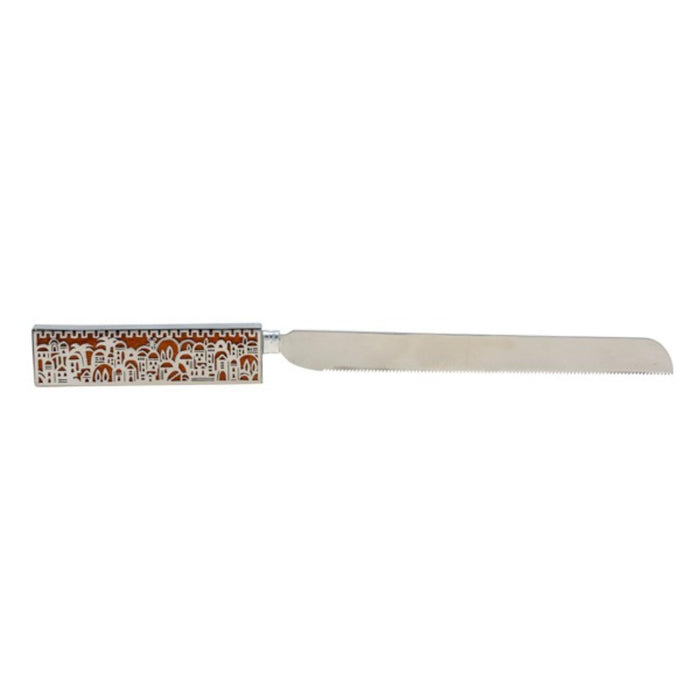Jerusalem Metal Cut Out Jerusalem Design - Wood effect Challah Knife by Yair Emanuel