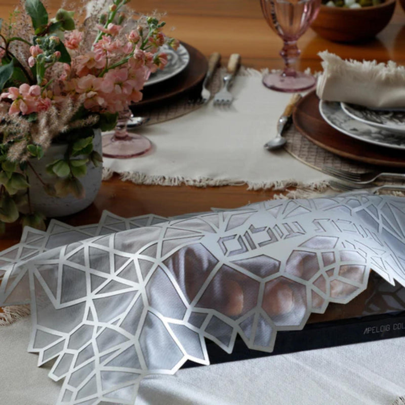 Challah Cover Geometric Silver Leatherette topped with tulle by Apeloig Collection