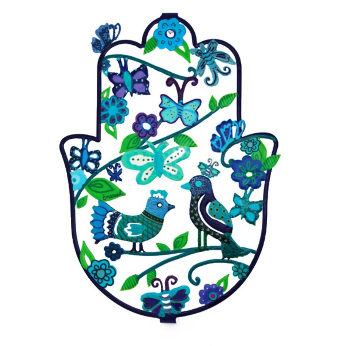 Birds and Flowers in Blue Hamsa and Wall Hanging by Yair Emanuel