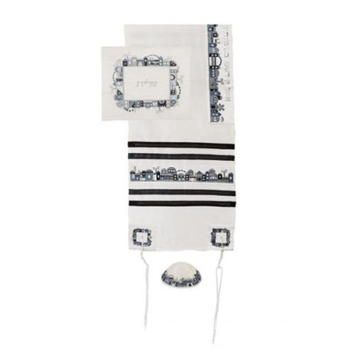 Jerusalem Skyline Tallit in Black and Grey by Yair Emanuel