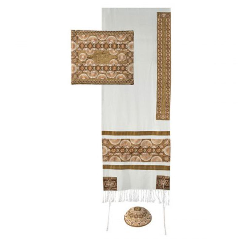 Full Embroidery Symbols Tallit with Matching Bag/Kippah in Golds by Yair Emanuel