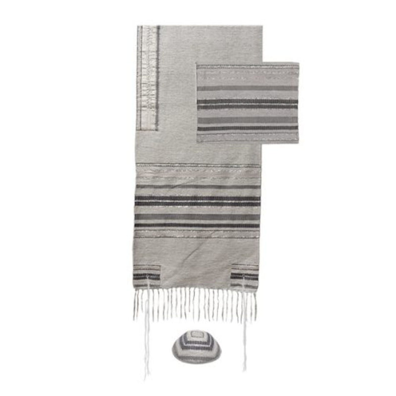 Silk/Cotton Hand Woven Greys Medium Tallit with Atara with Hebrew Blessing and Matching Bag/Kippah by Yair Emanuel