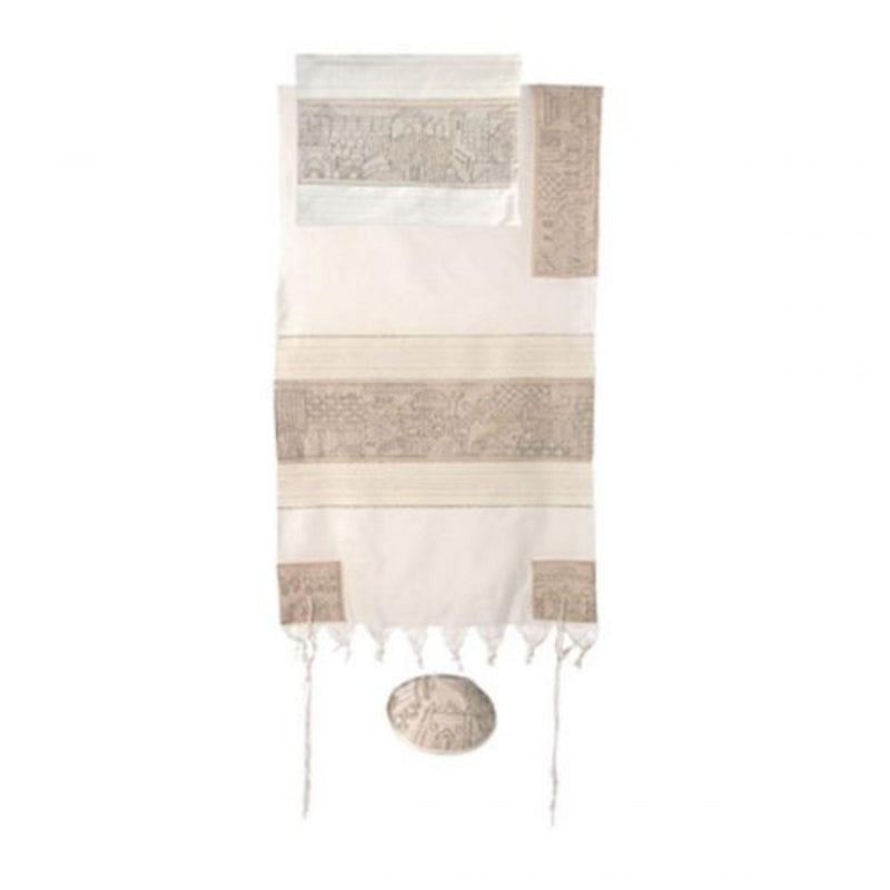 Hand Embroidered Jerusalem Tallit in Silver by Yair Emanuel